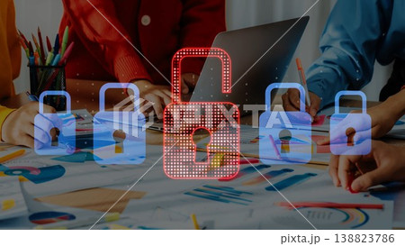 Modern Office Setting with Diverse Team Collaborating on Project with Digital Lock Icons Representing Security and Data Protection Concepts. Raster 138823786