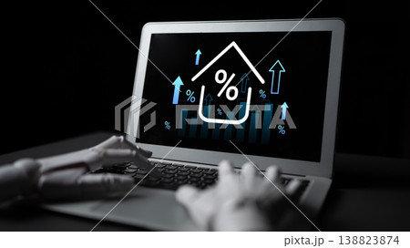 Robotic Hand Using Laptop for Data Analysis with Graphs, Percentages, and Rising Arrows on Dark Background, Symbolizing Growth and Technology Gantry 138823874