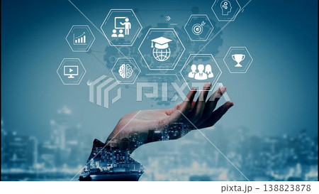Futuristic Concept of Hand Holding Digital Icons Representing Education, Technology, Business, and Innovation in a Cityscape Background Gluon 138823878