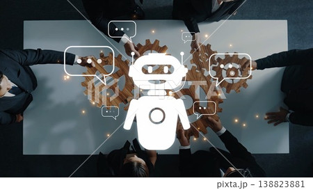 Collaboration between people and robot symbol illustrating teamwork, innovation, and technology in a modern business environment with gears and communication icons. Raster Collaboration between people and robot symbol illustrating teamwork, innovation, and technology in a modern business environment with gears and communication icons. Raster 138823881