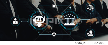 Business professionals discussing artificial intelligence and legal systems in a modern office environment with visual technology concepts and icons Quark 138823888