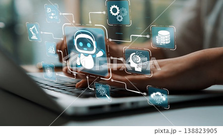 A person types on a laptop keyboard surrounded by digital icons of technology and robots, showcasing the intersection of human activity and artificial intelligence in modern work environments. Sigmoid A person types on a laptop keyboard surrounded by digital icons of technology and robots, showcasing the intersection of human activity and artificial intelligence in modern work environments. Sigmoid 138823905