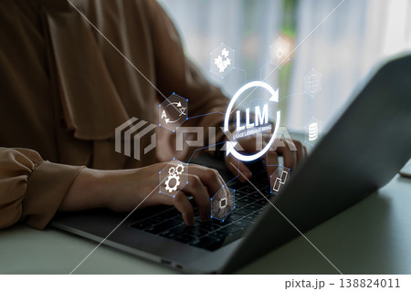 Professional woman working on laptop with AI and machine learning graphics, showcasing digital innovation and modern technology in a contemporary setting Quark 138824011