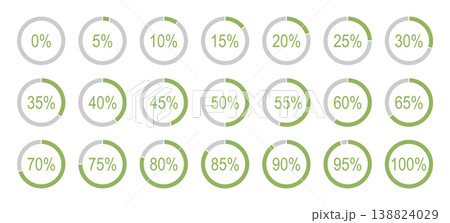 Percentage round diagram icons for infographics from 0 to 100 percent. Green, grey colour fill divided pie charts indicator layouts. Infographic bar element. Loading circle graph progress flat samples 138824029