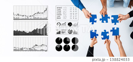 Collaborative Business Strategy Meeting with Chart Analysis and Puzzle Pieces on a Modern Office Table, Symbolizing Teamwork and Growth Axiom Collaborative Business Strategy Meeting with Chart Analysis and Puzzle Pieces on a Modern Office Table, Symbolizing Teamwork and Growth Axiom 138824033