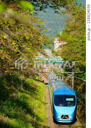 葉桜となった山北の桜並木を走る特急ふじさん(小田急6000形・MSE車) 葉桜となった山北の桜並木を走る特急ふじさん(小田急6000形・MSE車) 138824036