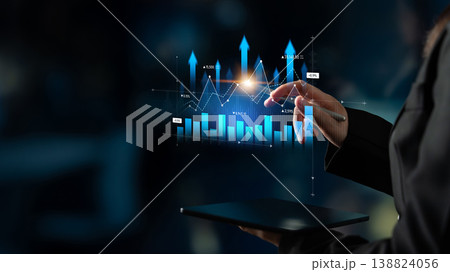 Professional person analyzing financial data on digital tablet with glowing graphs and charts in a modern office environment at night Scalp Professional person analyzing financial data on digital tablet with glowing graphs and charts in a modern office environment at night Scalp 138824056