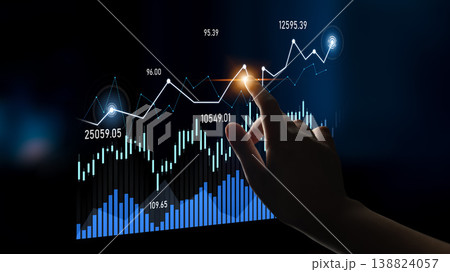 Modern Financial Dashboard with Hand Interacting with Interactive Data Visualization and Stock Market Trends for Business and Technology Concept Scalp 138824057