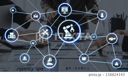 Mechanized industry automation with robotic arms, gears and production line icons Funnel 138824143