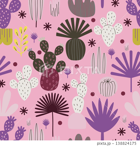 Elegant hand drawn cacti and succulents in a pastel pink palette. A chic, minimalist floral repeat for luxury textiles, wallpaper, and stationery. 138824175