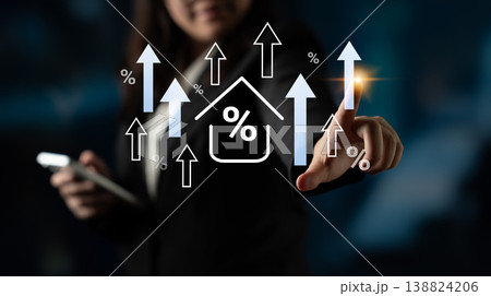 Businesswoman Analyzing Financial Growth Trends with Percentage Symbols and Arrows in a Modern Workspace Gantry 138824206