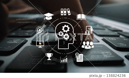 Business Mindset Concept with Gears and Icons Representing Education, Knowledge, and Skills over Laptop Keyboard Background Gluon Business Mindset Concept with Gears and Icons Representing Education, Knowledge, and Skills over Laptop Keyboard Background Gluon 138824236