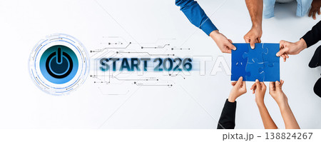 Collaborative Teamwork for New Beginnings in 2026 with Technology Theme, Concept of Innovation and Puzzle Pieces for Growth, Power Button Graphic Trope 138824267