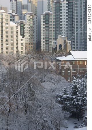 It's a snow covered cityscape. It's a snow covered cityscape. 138824330