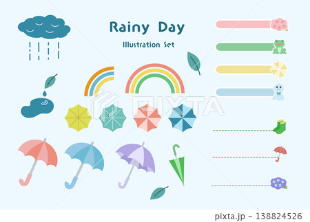 梅雨素材　やさしいパステルカラーの雨の日イラストセット 138824526