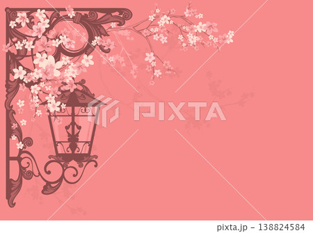 spring sakura flower branches and antique street lamp copy space background 138824584