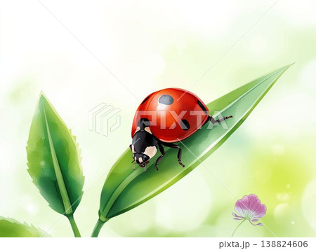 若葉にとまるてんとう虫の春背景 コピースペース付きの明るい自然イラスト 138824606