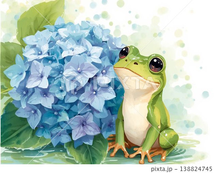 紫陽花の葉っぱの傘で雨宿りするカエル 梅雨のかわいいイラスト 138824745
