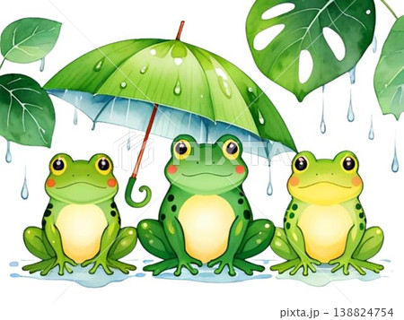 葉っぱの傘で雨宿りする3匹のカエル 梅雨のかわいいイラスト 138824754