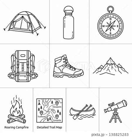 camping in the mountains icons set, simple style 138825283