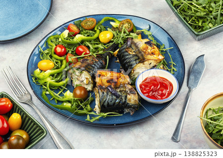 Baked Fish with Salad Greens 138825323
