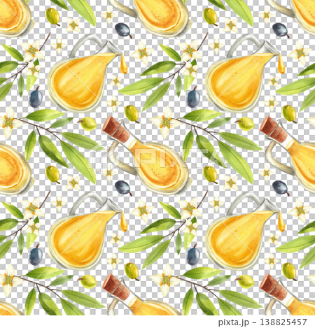 Olive oil in a glass jar, leaves, and fruits. Watercolor seamless pattern of Mediterranean plants and food, hand drawn for fabric, menu, packaging design, farmer's market, food festival Olive oil in a glass jar, leaves, and fruits. Watercolor seamless pattern of Mediterranean plants and food, hand drawn for fabric, menu, packaging design, farmer's market, food festival 138825457