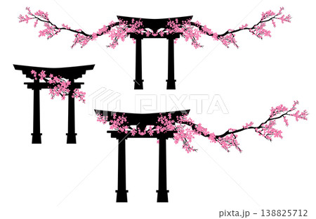 japanese shinto torii gate with spring sakura tree long branches vector design set japanese shinto torii gate with spring sakura tree long branches vector design set 138825712
