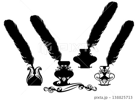 antique style calligraphic feather pen and inkwell black and white vector design antique style calligraphic feather pen and inkwell black and white vector design 138825713
