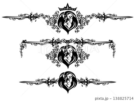 vector set of royal lion head, crown, sword and roses black and white page decor vector set of royal lion head, crown, sword and roses black and white page decor 138825714