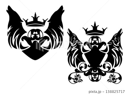 two howling wolves with crown, shield and roses black and white vector heraldic design two howling wolves with crown, shield and roses black and white vector heraldic design 138825717