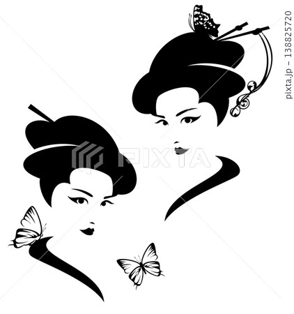 beautiful geisha with butterfly black and white vector head portrait 138825720
