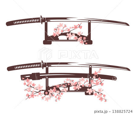 japanese samurai katana sword with scabbard put on horizontal stand decorated with sakura flowers vector design japanese samurai katana sword with scabbard put on horizontal stand decorated with sakura flowers vector design 138825724