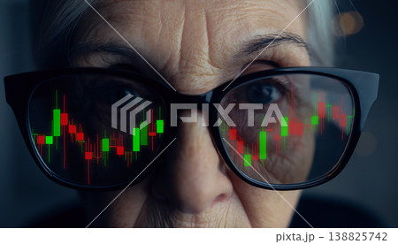 A person looks at stock market data reflected in their thick rimmed glasses. The setting shows trading activity. Bright colors represent market trends. 138825742