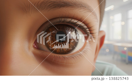 A child stares with wide brown eyes. Reflection shows a growth chart.  138825743