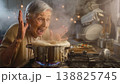 An older woman looks surprised as her pot boils over in a busy kitchen. Steam fills the air around her, creating a lively scene of cooking. 138825745