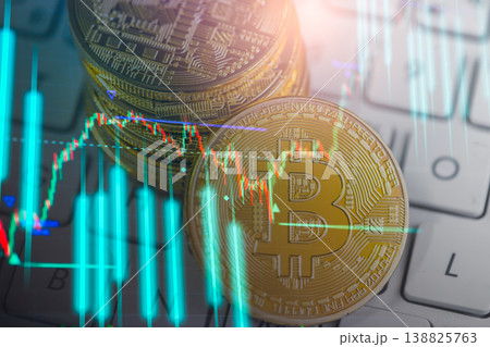 Modern way of exchange. Bitcoin is convenient payment in global economy market. Virtual digital currency and financial investment trade concept. Abstract cryptocurrency with gold bitcoin background. 138825763