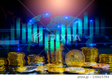 Modern way of exchange. Bitcoin is convenient payment in global economy market. Virtual digital currency and financial investment trade concept. Abstract cryptocurrency with gold bitcoin background. Modern way of exchange. Bitcoin is convenient payment in global economy market. Virtual digital currency and financial investment trade concept. Abstract cryptocurrency with gold bitcoin background. 138825764