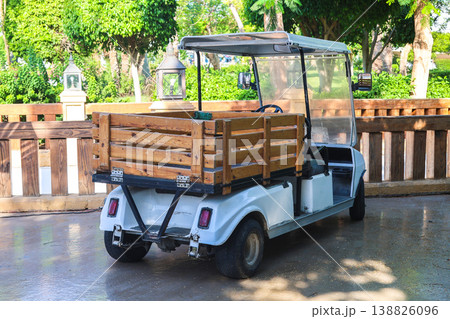 A small cargo golf cart is an indispensable assistant for a farmer on the farm A small cargo golf cart is an indispensable assistant for a farmer on the farm 138826096