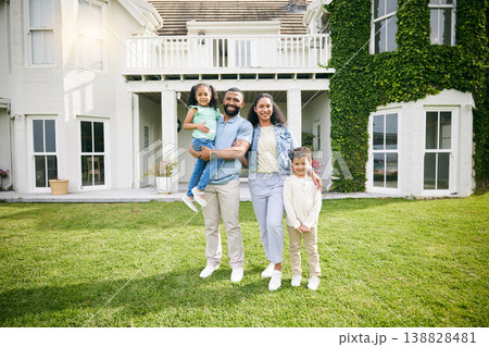 Parents, children and family at outdoor house for real estate, property investment and holiday or vacation. Mansion, dream home and happy people, father and mother with children portrait in backyard 138828481