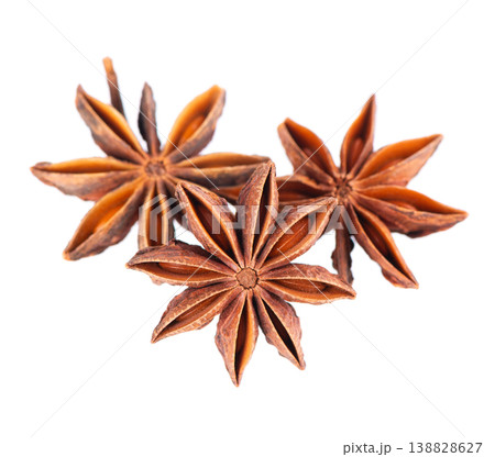 Star anise isolated on white background. Anise stars or badian spice. Clipping path. Star anise isolated on white background. Anise stars or badian spice. Clipping path. 138828627