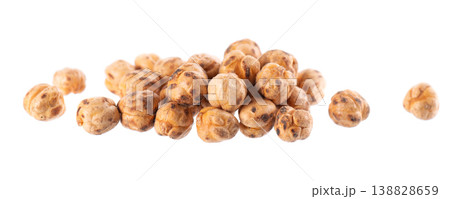 Roasted chickpea isolated on white background. Handful of crunchy roasted chickpeas snack. Clipping path. 138828659