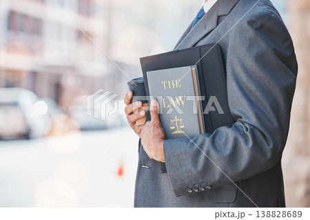 Law, book and businessman or lawyer with legal books, constitution or research on regulation or policy knowledge. Attorney, judge or information on a case in court, government or expert on laws 138828689