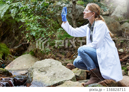 Forest, research and woman environmentalist test water sample for inspection of the ecosystem and environment study. Science, sustainable and professional scientist doing carbon footprint exam 138828711