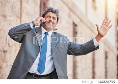 Happy senior businessman, phone call and taxi in city for travel, trip or immigration outdoors. Man waiting for cab, vehicle or transportation talking on mobile smartphone for journey in urban town Happy senior businessman, phone call and taxi in city for travel, trip or immigration outdoors. Man waiting for cab, vehicle or transportation talking on mobile smartphone for journey in urban town 138828735