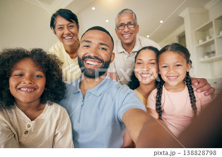 Happy, portrait of big family and selfie in home, bonding together and love. Face, profile picture and kids, grandparents and mother, father and children smile taking photo for memory on social media Happy, portrait of big family and selfie in home, bonding together and love. Face, profile picture and kids, grandparents and mother, father and children smile taking photo for memory on social media 138828798
