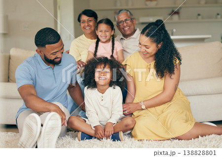 Parents, children and big family in home of love, care and quality time together. Mother, father and portrait of grandparents relax with young kids in lounge for support, smile or bond of generations Parents, children and big family in home of love, care and quality time together. Mother, father and portrait of grandparents relax with young kids in lounge for support, smile or bond of generations 138828801