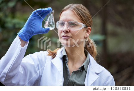 Water, research and woman scientist test in a forest for inspection of the ecosystem, sample or environment study. Science, sustainable and professional environmentalist doing carbon footprint exam 138828831