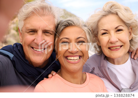 Senior runner friends, selfie and nature with smile, fitness and portrait for diversity on social media. Old man, women and photography for memory, blog and profile picture for workout in retirement 138828874