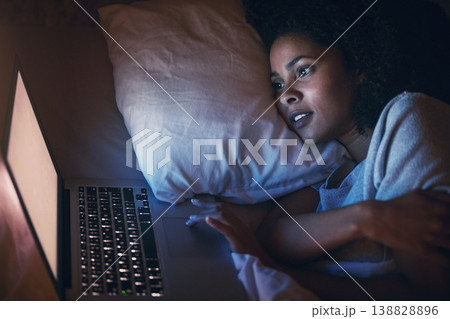 Laptop, bed and woman on internet at night for website, online social media and relax in home. Bedroom, computer and person streaming movie, film and video on pc technology with insomnia in house. Laptop, bed and woman on internet at night for website, online social media and relax in home. Bedroom, computer and person streaming movie, film and video on pc technology with insomnia in house. 138828896