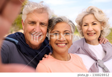 Senior runner friends, outdoor selfie and smile for fitness, portrait and diversity for social media. Elderly man, women and photography for memory, blog or profile picture for exercise in retirement 138828912